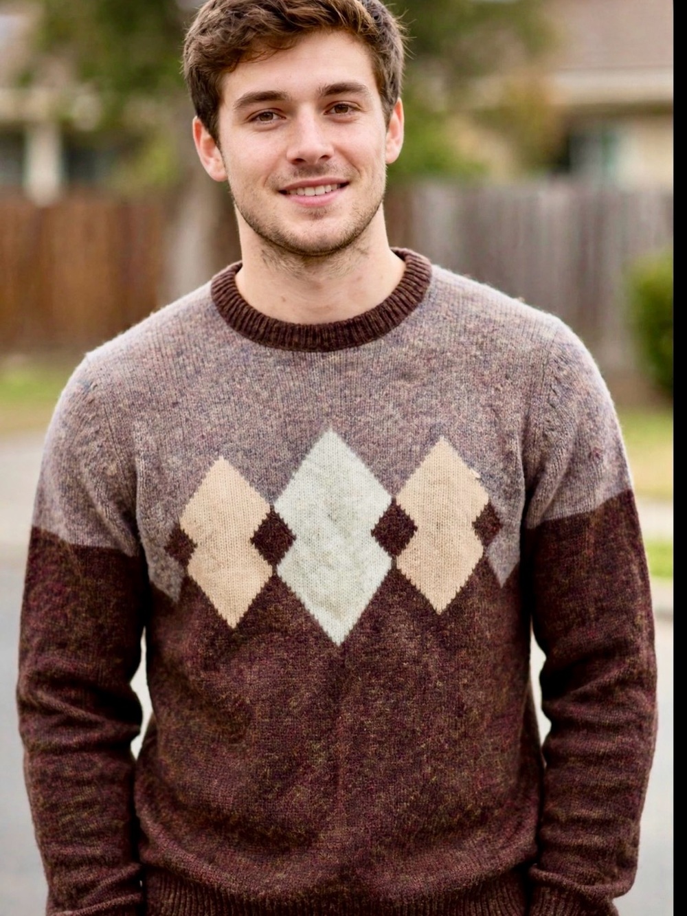 Vintage 80s Daniel Axe Men's M Brown Argyle Crewneck Sweater Shetland Wool